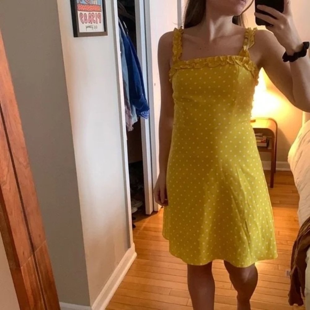 Re:named Womens Polka Dots A Line Dress Ruffle Detail Backless Yellow White M